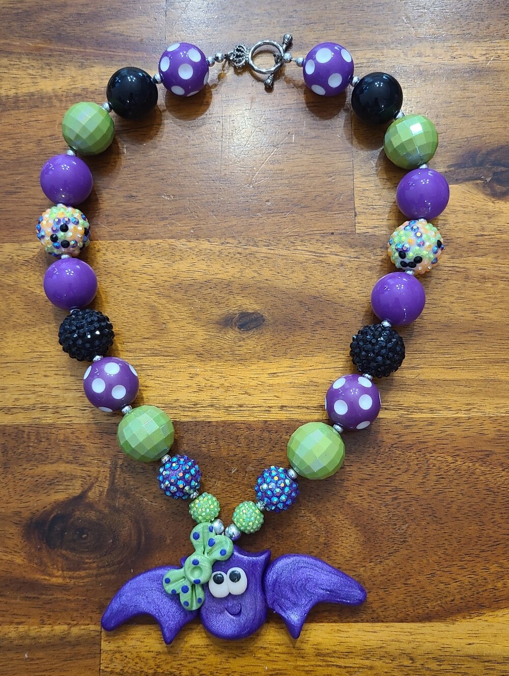 Cute Purple Bat Green Polka Dot Bow Chunky Bubblegum Necklace Halloween Jewelry